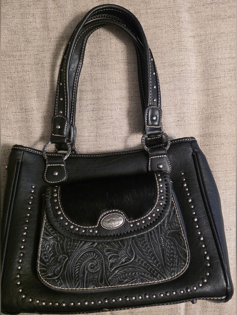 Trinity Ranch Leather and Hair Double Handle Bag Purse Tote Floral Tooled Design
